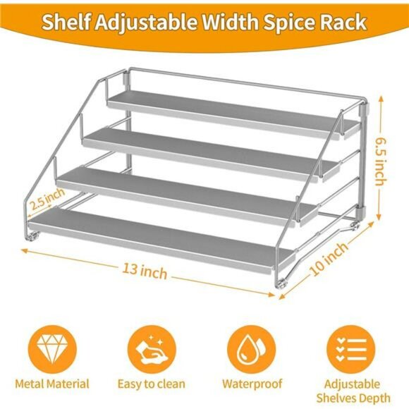 4 tier adjustable spice rack organizer metal cabinet pantry shelf seasoning hold - Picture 3 of 7
